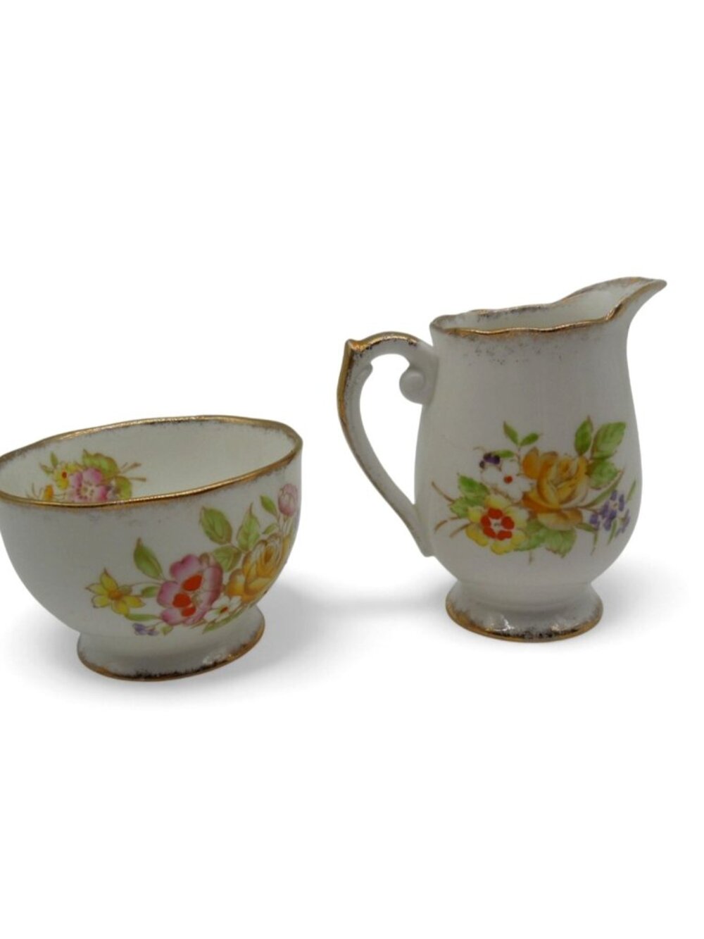 Roslyn Sunningdale Creamer & Sugar Bowl Floral Gold Trim Vintage